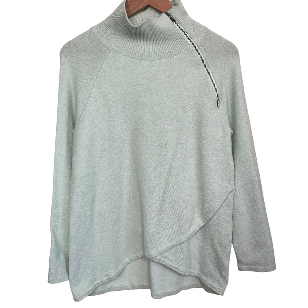 Soft Surroundings Asymmetrical Zip Mock Neck Sweater Mint Green Cotton Wool Med